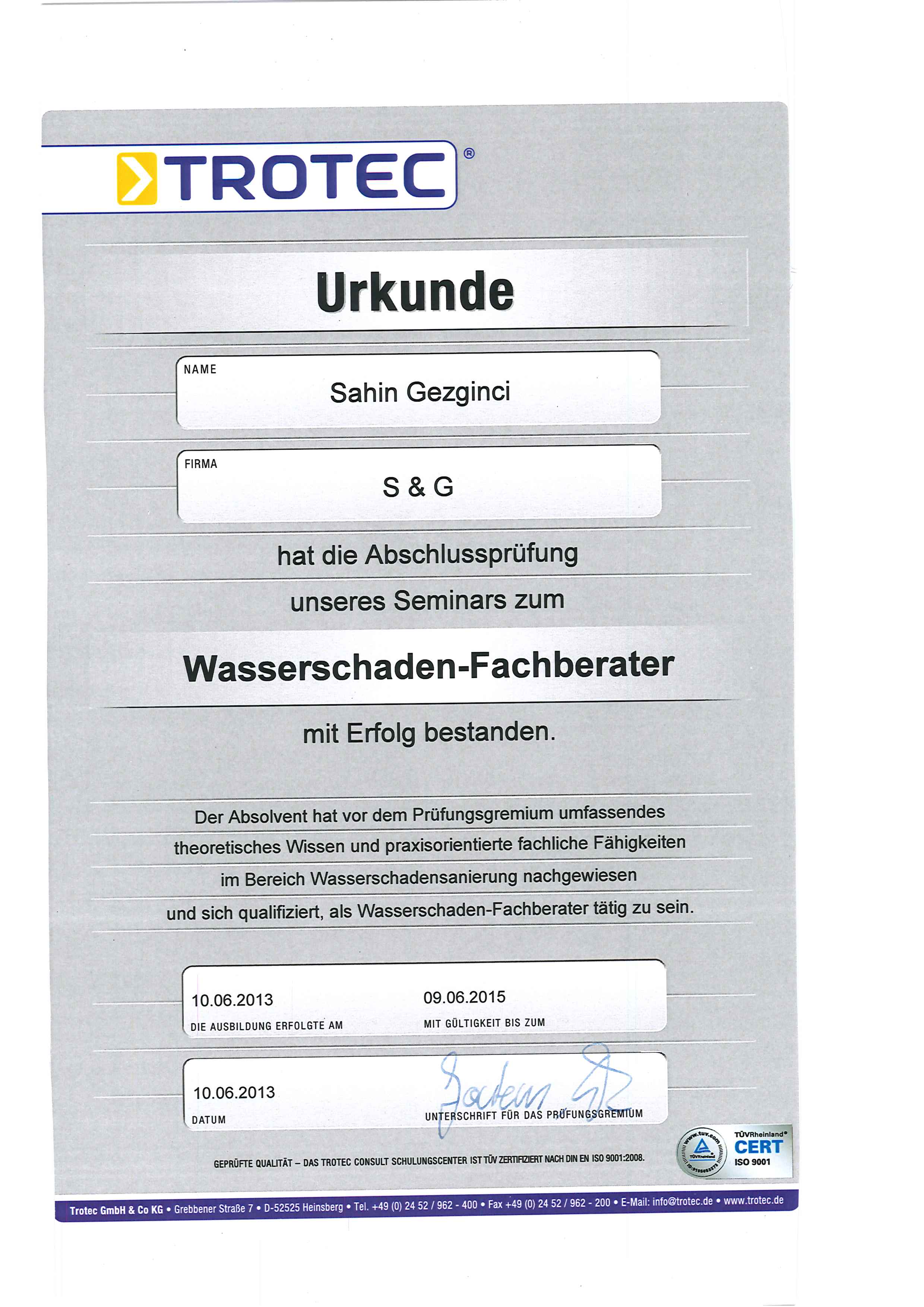 zertifikat SG-Malerei Gezginci in Ensdorf, Saarlouis, Saar