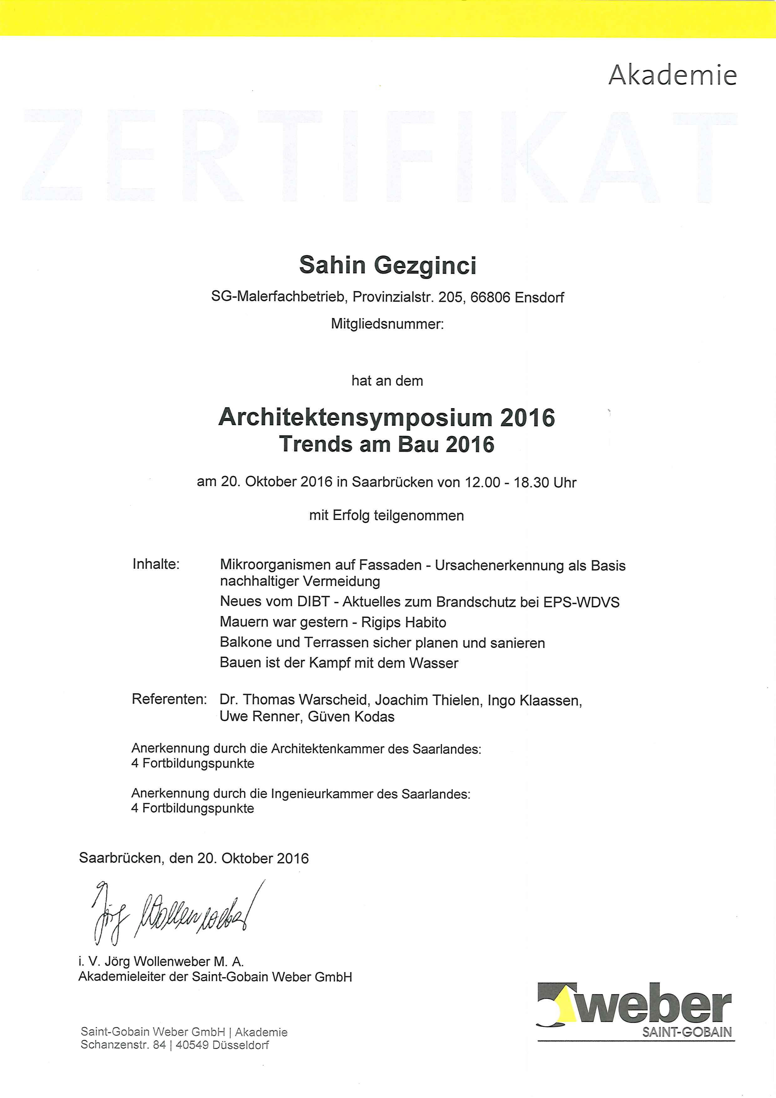 zertifikat SG-Malerei Gezginci in Ensdorf, Saarlouis, Saar